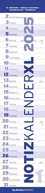 Notizkalender XL BLAU 2025 - Streifenkalender 15x64 cm - Wandplaner - Küchenkalender - schmales Design - eine Spalte - Langplaner