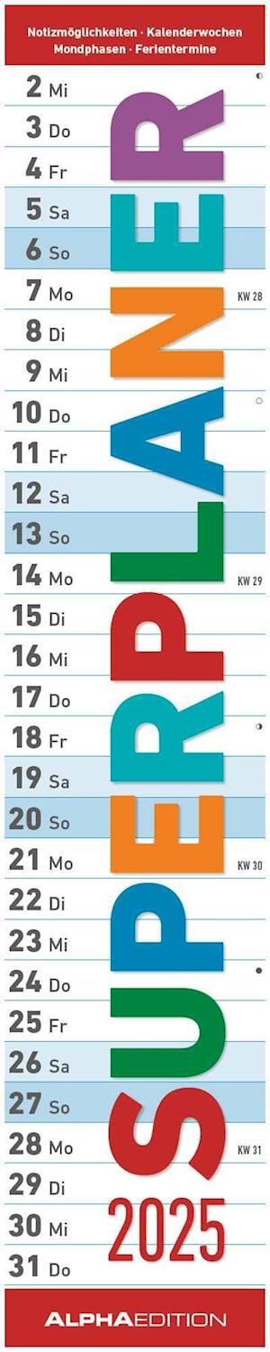 Superplaner 2025 - Streifenkalender 17x85 cm - mit Ringbindung - viel Platz für Notizen - Langplaner - Wandkalender - Küchenkalender - Alpha Edition