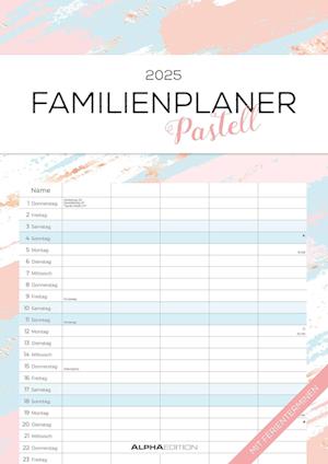 Familienplaner Pastell 2025 - Familienkalender A3 (29,7x42 cm) - mit 5 Spalten, Ferienterminen (DE/AT/CH) und viel Platz für Notizen - Wandkalender