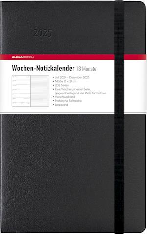 Wochen Notizkalender 18 Monate groß Black 2025 - Taschen-Kalender 13x21 cm - mit Verschlussband & Falttasche - Juli 2024 bis Dez 2025 - Weekly - 128 Seiten