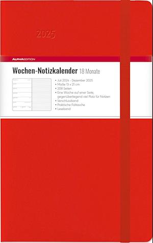 Wochen Notizkalender 18 Monate groß Red 2025 - Taschen-Kalender 13x21 cm - mit Verschlussband & Falttasche - Juli 2024 bis Dez 2025 - Weekly - 128 Seiten