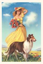Vintage Journal Girl with Flowers and Collie