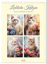 Liebliche Katzen. Anmut und Würde mit Blumen (Wandkalender 2024 DIN A4 hoch), CALVENDO Monatskalender