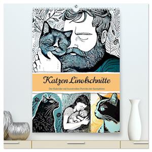 Katzen Linolschnitt - Der Kalender mit kunstvollen Porträts der Samtpfoten (Premium, hochwertiger DIN A2 Wandkalender 2024, Kunstdruck in Hochglanz)