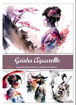Geisha Aquarelle - Japanische Kulturdamen, Landschaft und Sakura (Wandkalender 2024 DIN A3 hoch)