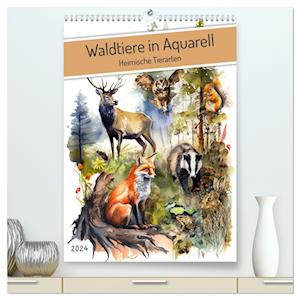 Waldtiere in Aquarell - Heimische Tierarten (Premium, hochwertiger DIN A2 Wandkalender 2024, Kunstdruck in Hochglanz)