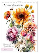 Aquarellmalerei - Blumen und Tiere im Garten (Wandkalender 2024 DIN A4 hoch), CALVENDO Monatskalender