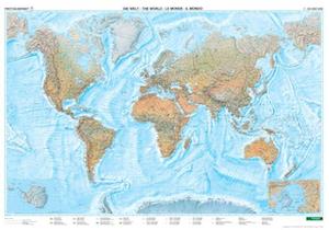 World Physical with Sea Relief (papir, plano m/ metalskinner)