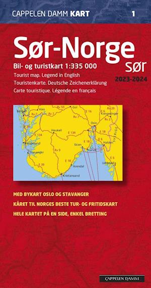 Sør-Norge sør  1:335.000  (2023-2024) : bil- og turistkart = tourist map = Touristenkarte = carte touristique
