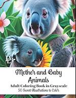 Mother and Baby Animals Adult Coloring Book in Grayscale