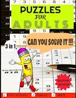 Puzzles for adults: Easy sudoku,karkuro,maze all in one book 116 pages with rules and solutions 8. x 11 in 