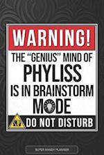 Phyliss: Warning The Genius Mind Of Phyliss Is In Brainstorm Mode - Phyliss Name Custom Gift Planner Calendar Notebook Journal 