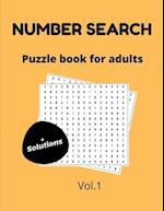 Number search puzzle book for adults + solutions vol.1