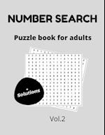 Number search puzzle book for adults + solutions vol.2