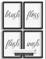 Bathroom Wall Art illustrations: Set of 5 Washroom Decor Art 8x10"- Flush, Floss, Brush, Wash - To be cut out of the book and framed 