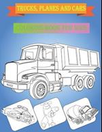 Coloring book for kids trucks, planes and cars