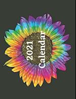 Calendar 2021: Beautiful tie dye sunflower pictures with month view. Bright flowers. 