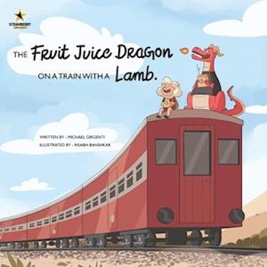 The fruit juice dragon on a train with a lamb.