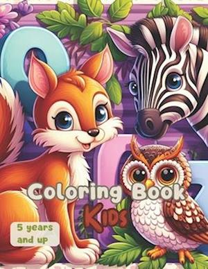 coloring book kids : 49 Coloring Illustrations of adorable animals. Each animal is labeled with its name