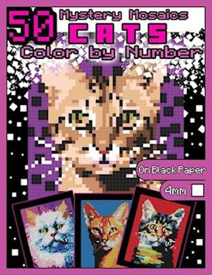 Mystery Mosaics Color by Number: 50 Cats: Pixel Art Coloring Book with Dazzling Hidden Cat Breeds, Color Quest on Black Paper, Extreme Challenges for