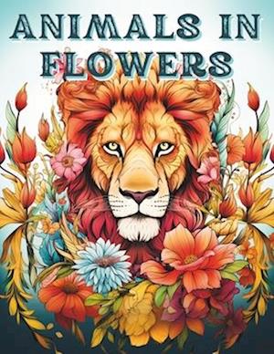 Animals in Flowers - Adult Coloring Book for Women