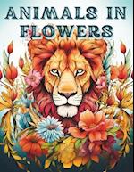 Animals in Flowers - Adult Coloring Book for Women